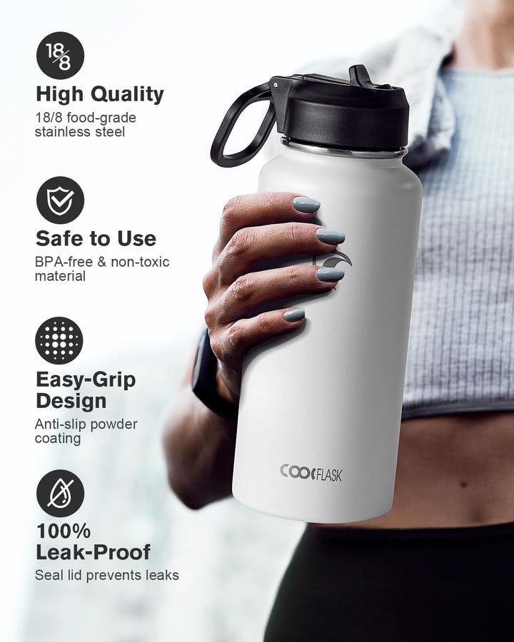 Coolflask Wasserflasche 946 ml Isoliert mit Strohhalm, Edelstahl Metall 3 Deckel Wasserflasche Breit