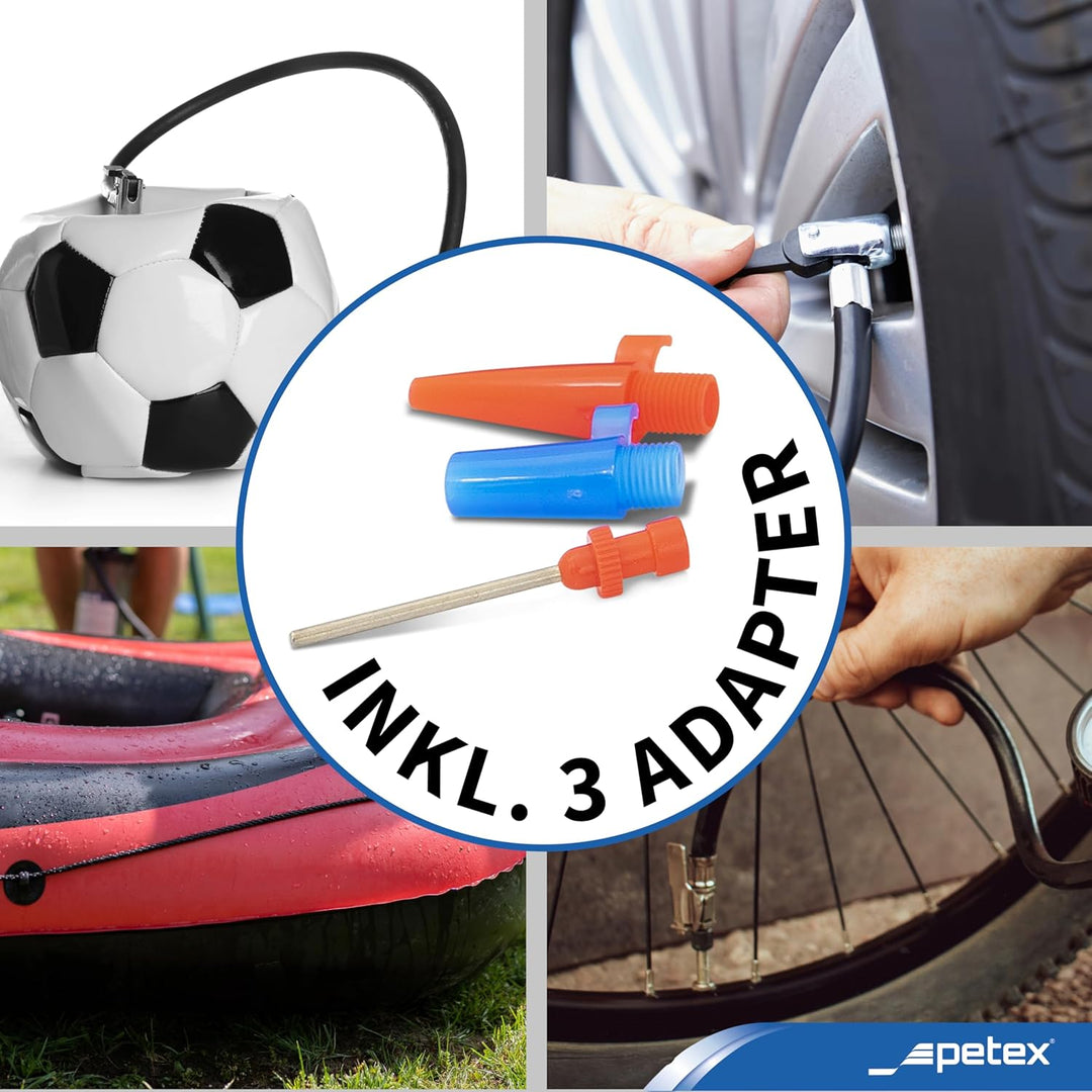 PETEX 445100 Reifenpannenset inklusive Luftkompressor 12V, 18 bar, inklusive 3-Teilig Adapterset und