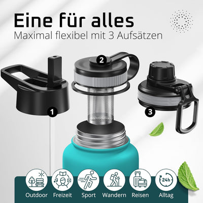 Trinkflasche Edelstahl ACTIVE FLASK + Strohhalm (3 Deckel) BPA-frei, Auslaufsicher, Kohlensäure geei