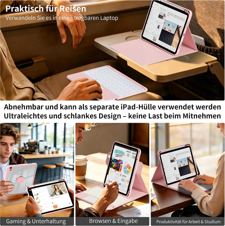 Hülle mit Tastatur für iPad A16 11/10 Generation mit Touchpad, Rosa | 360° Hülle mit Standfunktion,