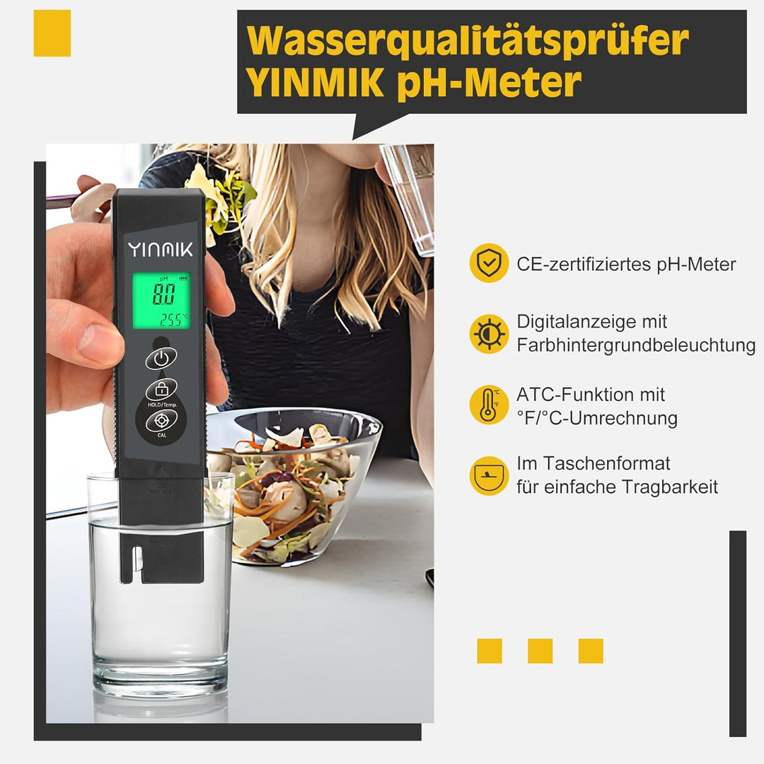 pH Messgerät Wasser, pH Wert Messer, YINMIK pH Tester, Digitaler pH Monitor mit Farbdisplay, Pool pH