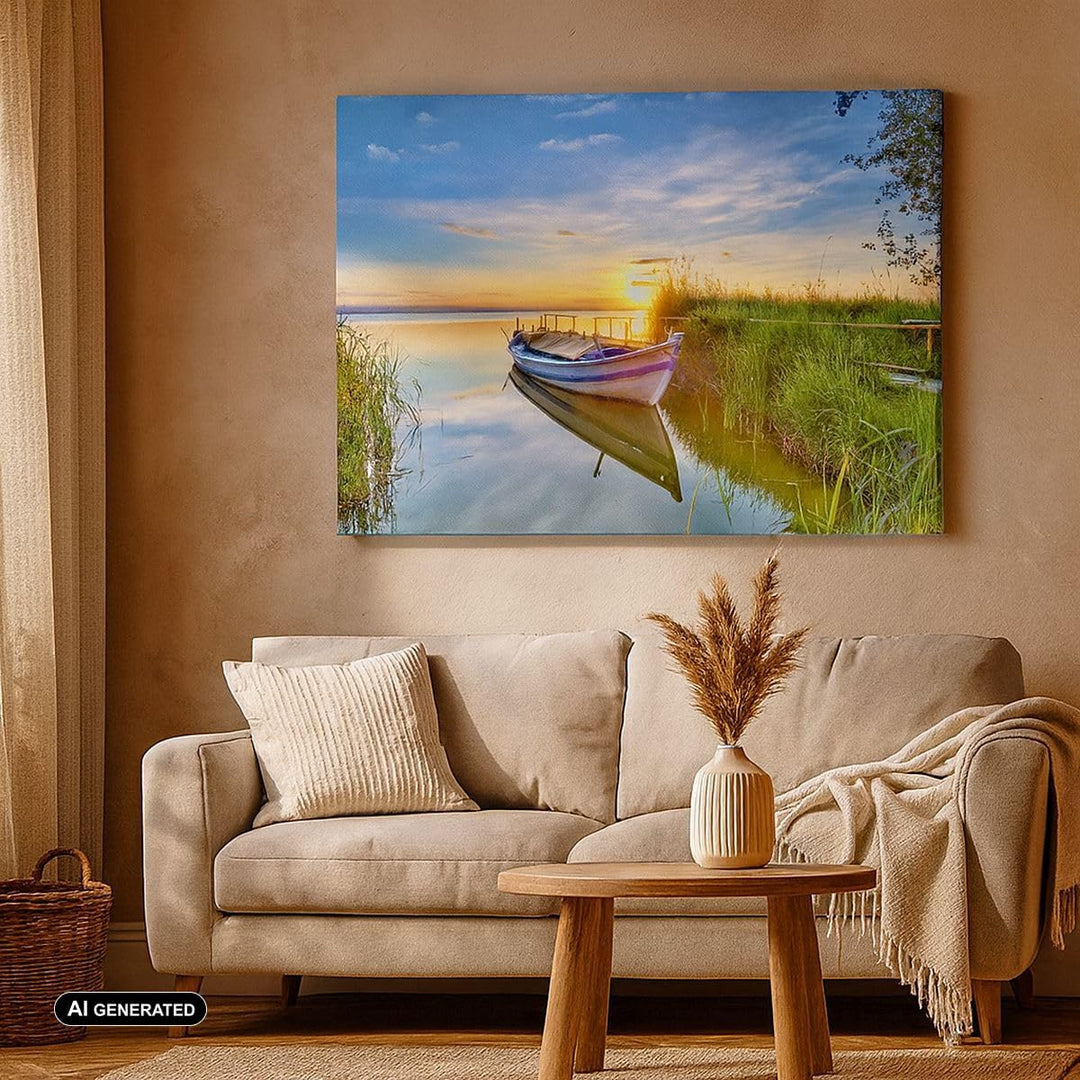 Bilder auf Leinwand See Boot Wasser Leinwandbild mit Rahmen 70x50cm Wandbilder Dekoration Wohnzimmer
