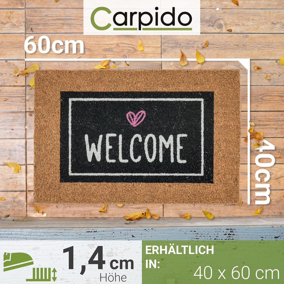 Carpido Fussmatte Kokos Welcome Herz schwarz - Türmatte 2er Set 40 x 60 cm - antibakterielle Eingang