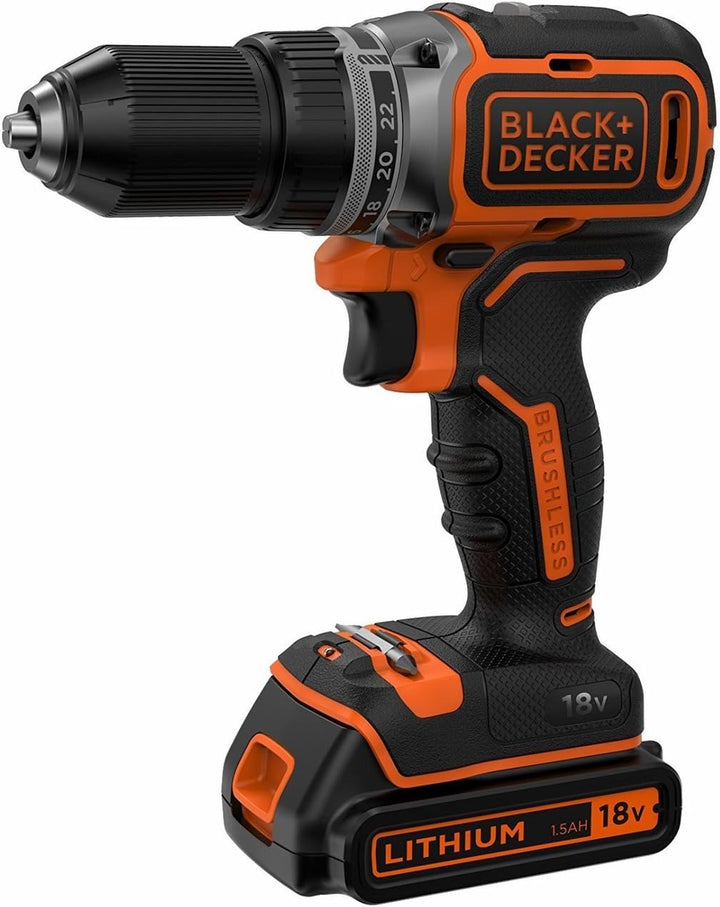 Black+Decker Akku-Bohrschrauber, Bohrmaschine (18 V 1.5Ah, bürstenloses 2-Gang-Getriebe, 1 Stück) BL