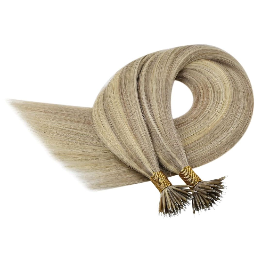 YoungSee Nano Extensions Echthaar Blond 55 cm Nanoring Extensions Echthaar Gesträhnt Goldblond Mit B