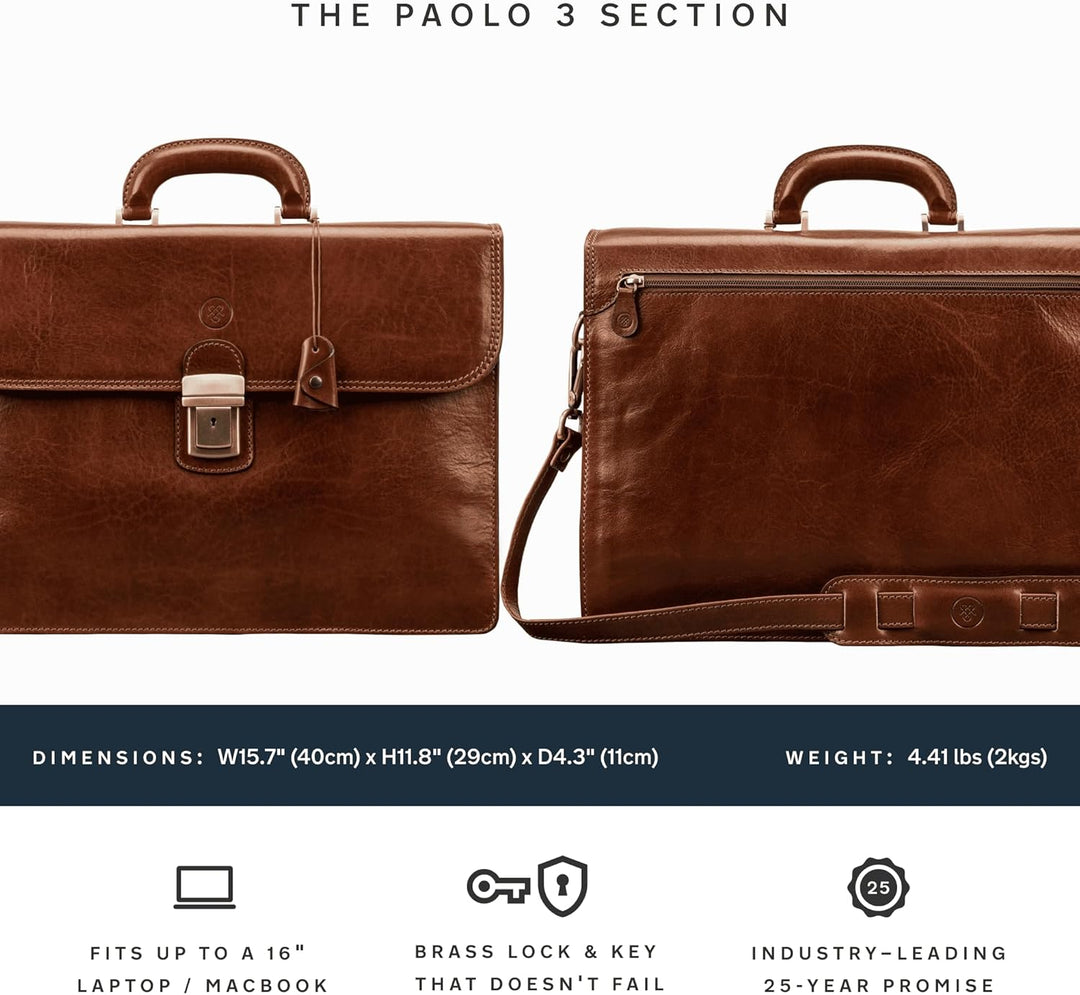Maxwell Scott Klassischer Herren Leder Aktenkoffer Paolo3 in Cognac Braun, Cognac Braun