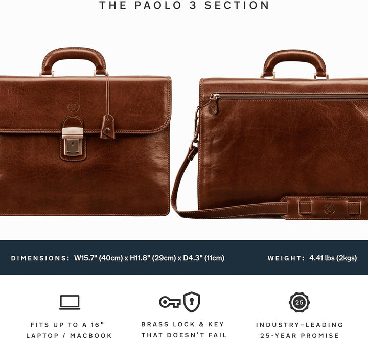 Maxwell Scott Klassischer Herren Leder Aktenkoffer Paolo3 in Cognac Braun, Cognac Braun
