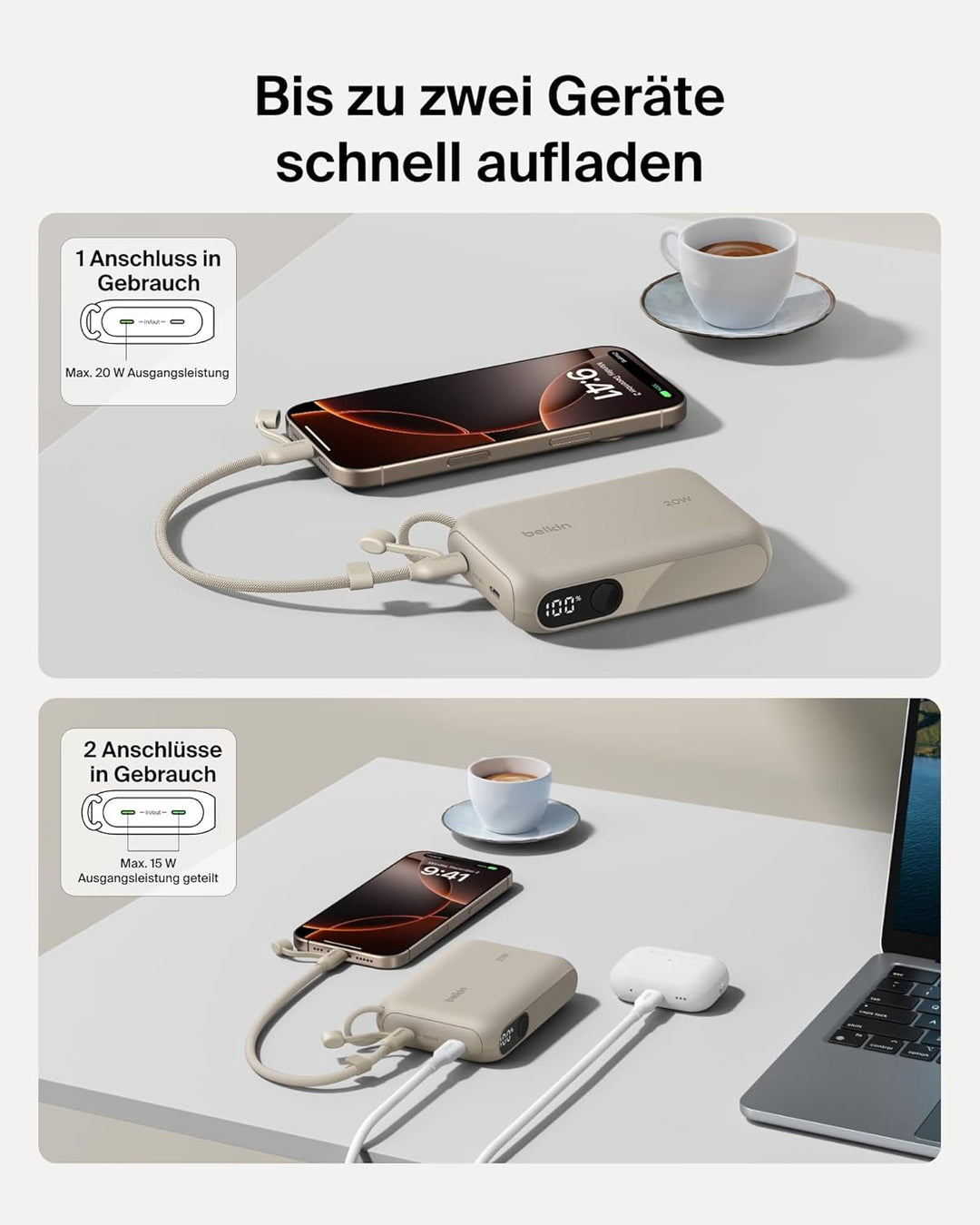 Belkin Powerbank 10.000 mAh, Powerbank mit 2 USB-C-Anschlüssen, Handyakkus mit Digitale Akkuanzeige,