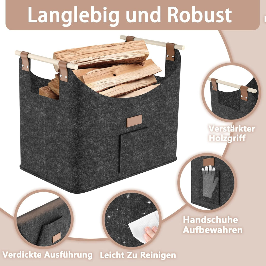 2X Feuerholzkorb mit Holzgriff Faltbare Kaminholzkorb mit Seitentaschen Filztasche für Holz Transpor