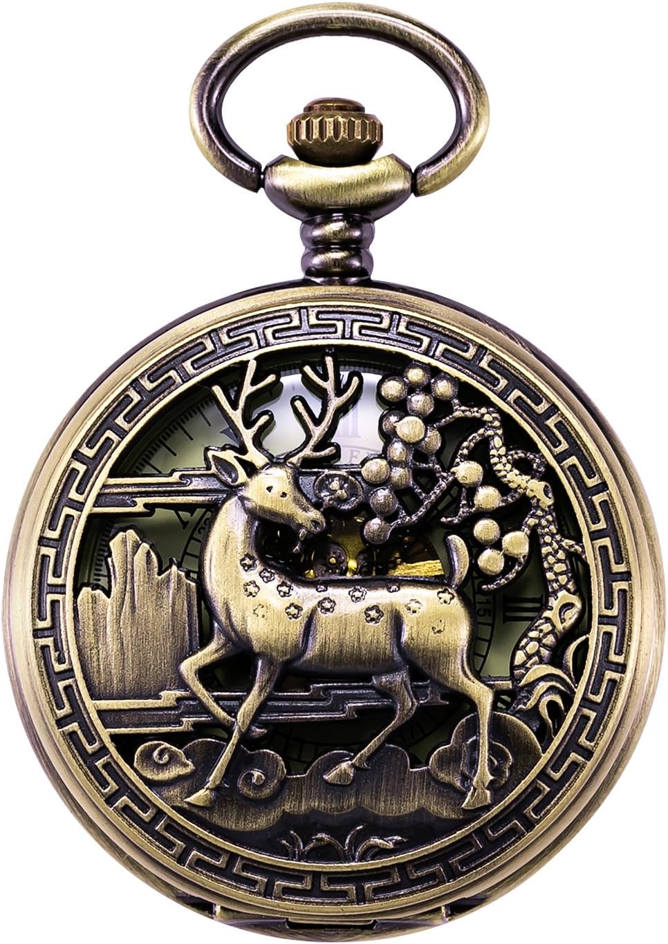 Treeweto Vintage Taschenuhr, mechanisch, doppelter Abdeckung, hohles Gehäuse, Skelett, Steampunk, Hi