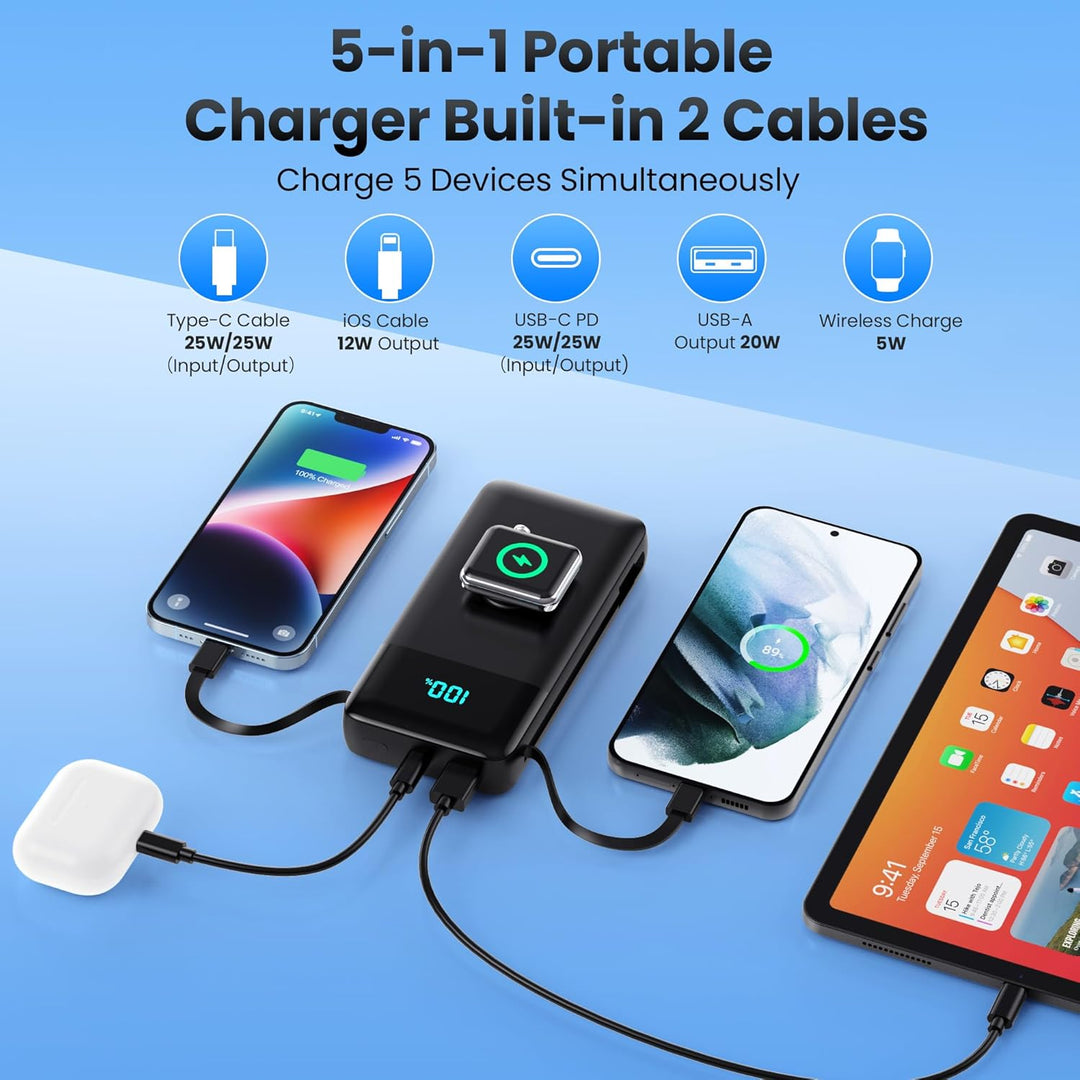 Power Bank 26800mAh mit i-Watch Ladegerät, 25W PD+QC4.0 Powerbank mit 2 Kabel Schnelles Aufladen USB