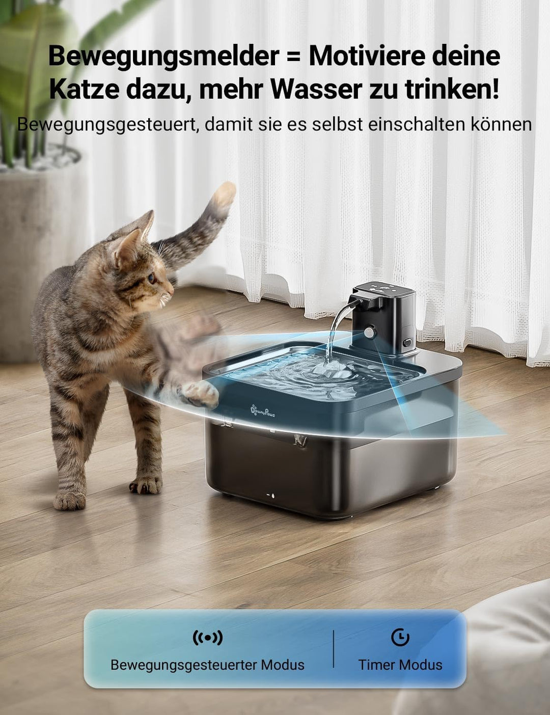 DownyPaws 2.5L Trinkbrunnen für Katze Kabellos, Katzenbrunnen Kabellos mit Bewegungsmelder und Batte