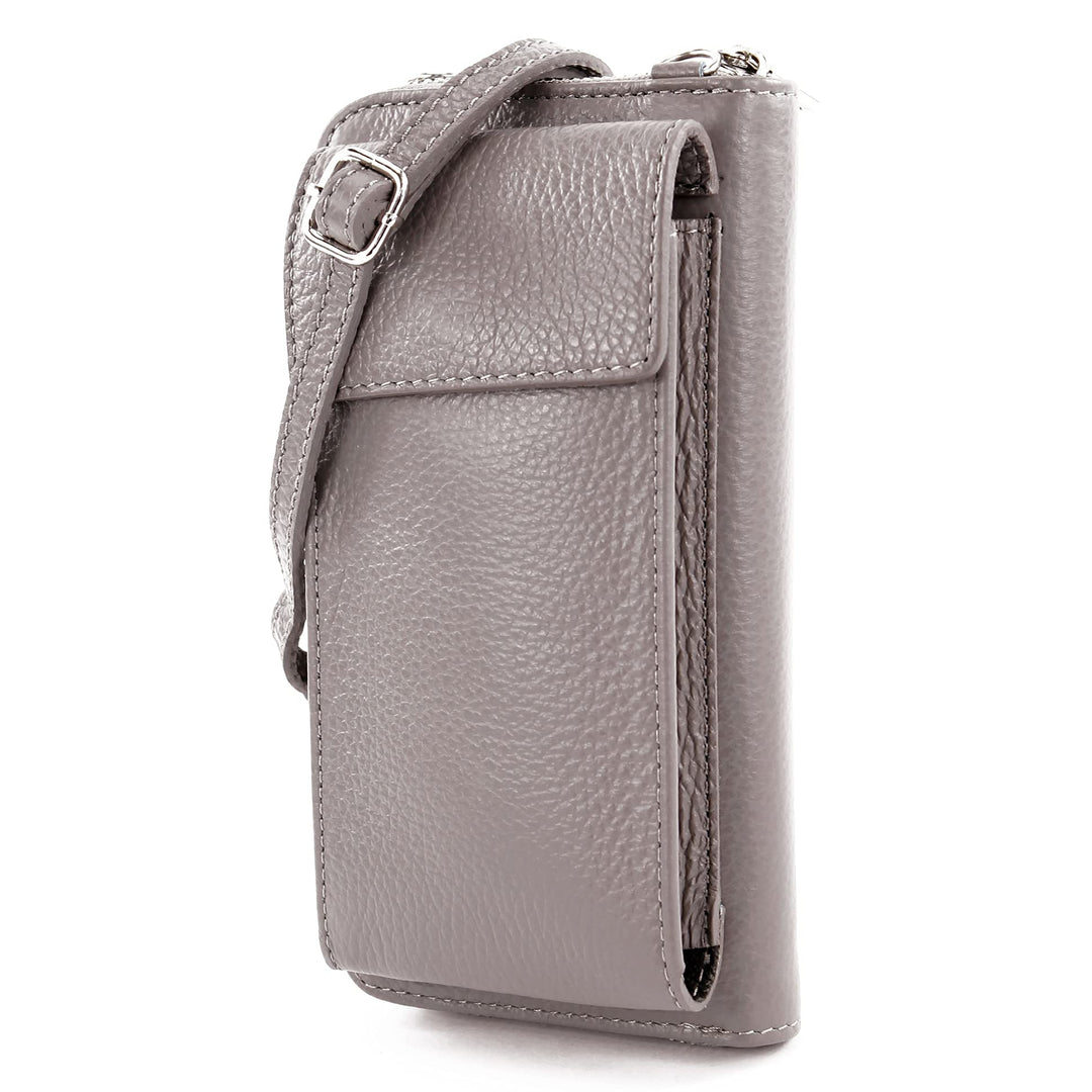 modamoda de - P06 - ital. Damen Umhängetasche Geldbörse Handytasche Leder Quarzgrau, Quarzgrau