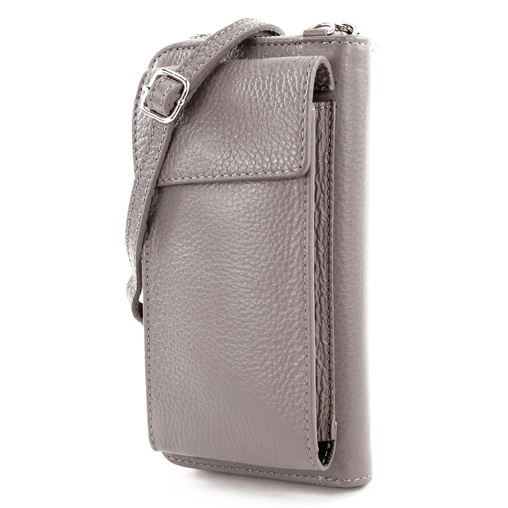modamoda de - P06 - ital. Damen Umhängetasche Geldbörse Handytasche Leder Quarzgrau, Quarzgrau