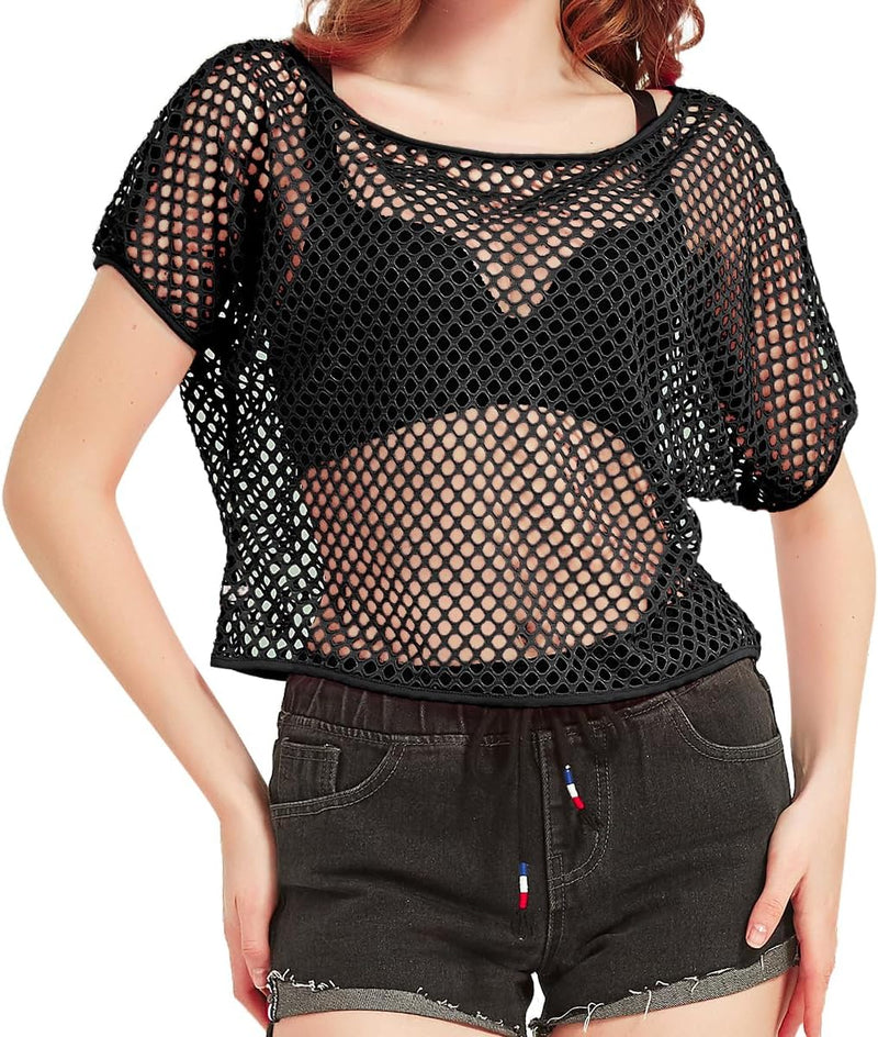 WILDPARTY 80er 90er Jahre Outfit Damen, Netzoberteil, Mesh Oberteil, Neon Shirt Aerobic Kostüm Sexy,