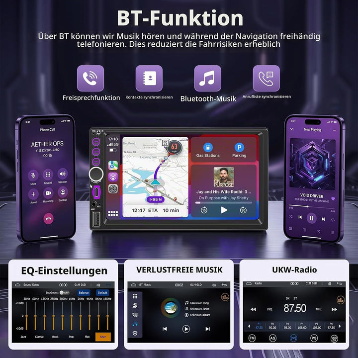 Autoradio 2 DIN mit Wireless CarPlay und Android Auto, 7 Zoll Touchscreen Bildschirm, Bluetooth Frei