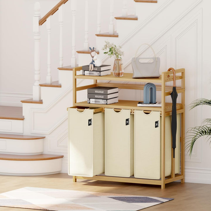 AdelDream Wäschekorb 150L, 3 Fächer Wäschesammler, 2 Ablagen, Bambus | Wäschesortierer 3 x 50L, ausz