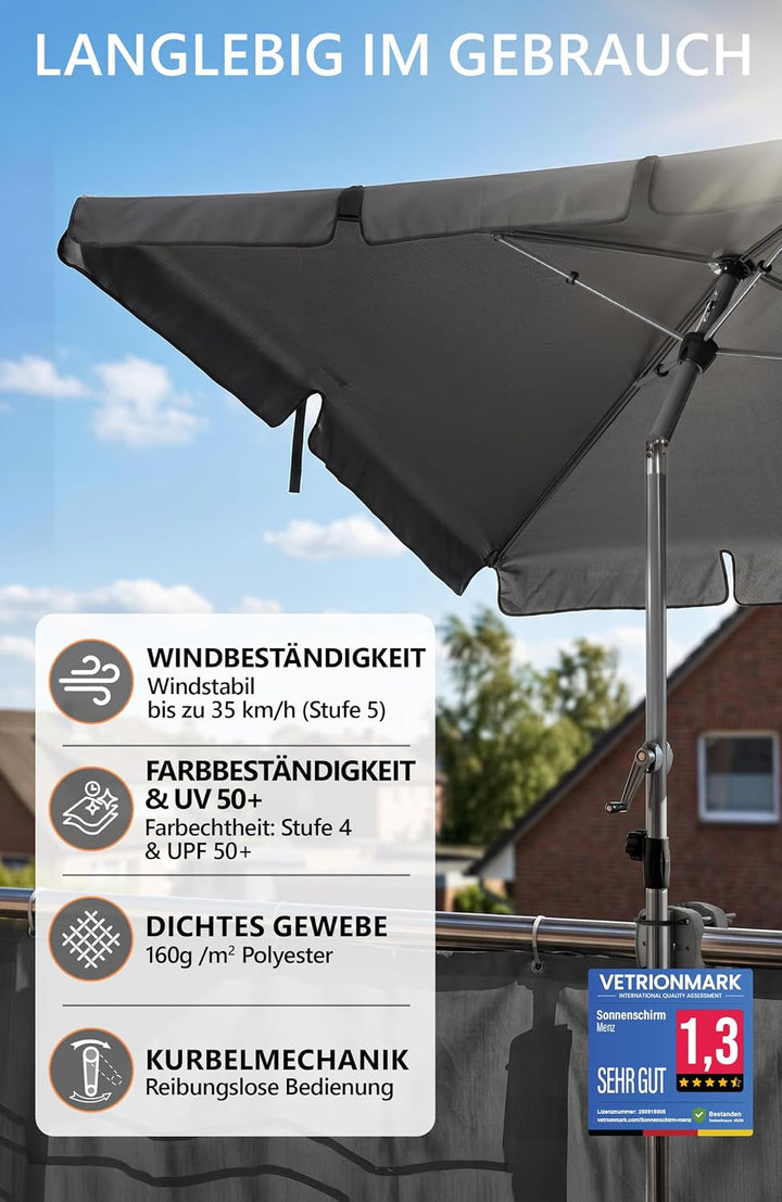 Menz SunnyShade Balkonschirm Roma mit Schutzhülle, Anthrazit, Sonnenschirm Balkon 200x125 cm, Sonnen