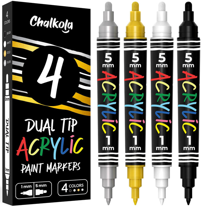 Chalkola 4 Acrylmarker Dualspitze (Weiss, Schwarz, Gold & Silber) 1mm+5mm Acrylic Marker, Acrylstift