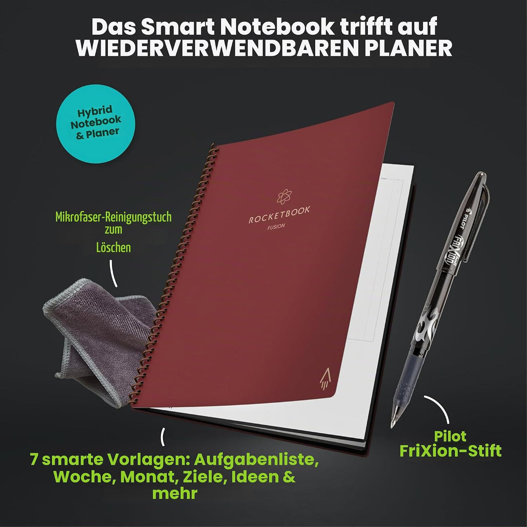 Rocketbook Fusion Reusable Digital Notebook - Smart Notepad A4 Scarlet Red, To Do List, Daily Bullet