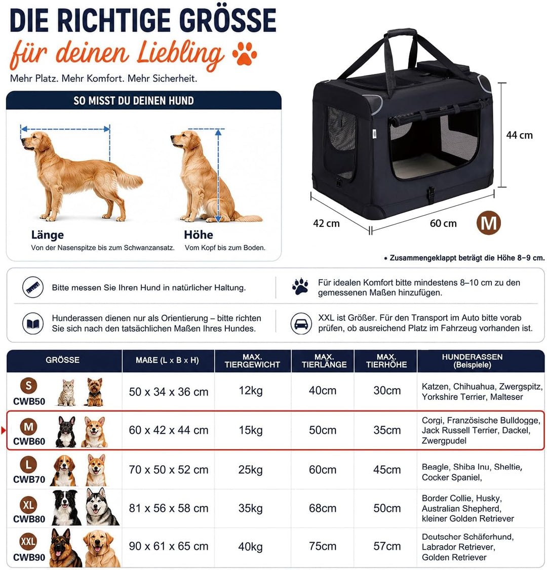 Zedelmaier Hundebox Faltbar Hundetransportbox, M 60x44x42cm, robust Transportbox für Hund &amp; Katze Gr
