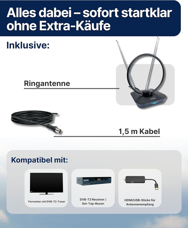 SCHWAIGER 720365 DVB-T2 Zimmerantenne aktiv mit Verstärker DAB+ DVB-T Antenne Fernsehen LTE-Sperrfil