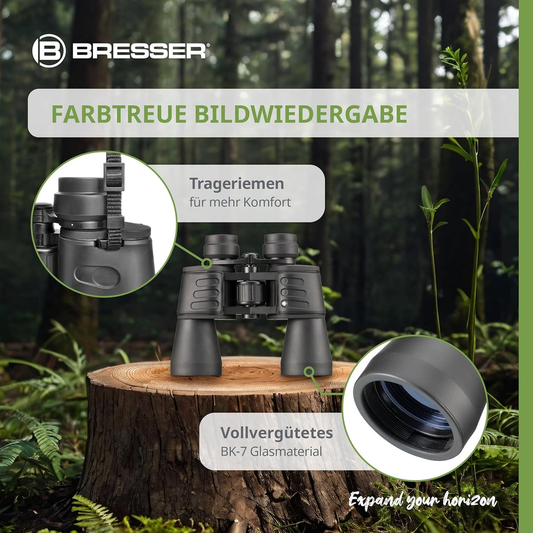 Bresser Fernglas Hunter 10x50 mm mit Prismen aus vollvergütetem BK-7 Glasmaterial, faltbaren Augenmu