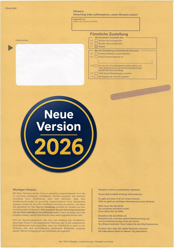 Postzustellungsumschläge C4 „ Förmliche Zustellung “ - Postzustellungshüllen C4 mit Fenster (229 x 3