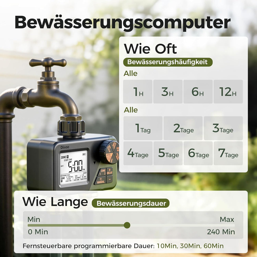 Diivoo Funkfernbedienung Bewässerungscomputer 2 Ausgänge, IP66 Bewässerungsuhr mit Grosses LCD-Displ