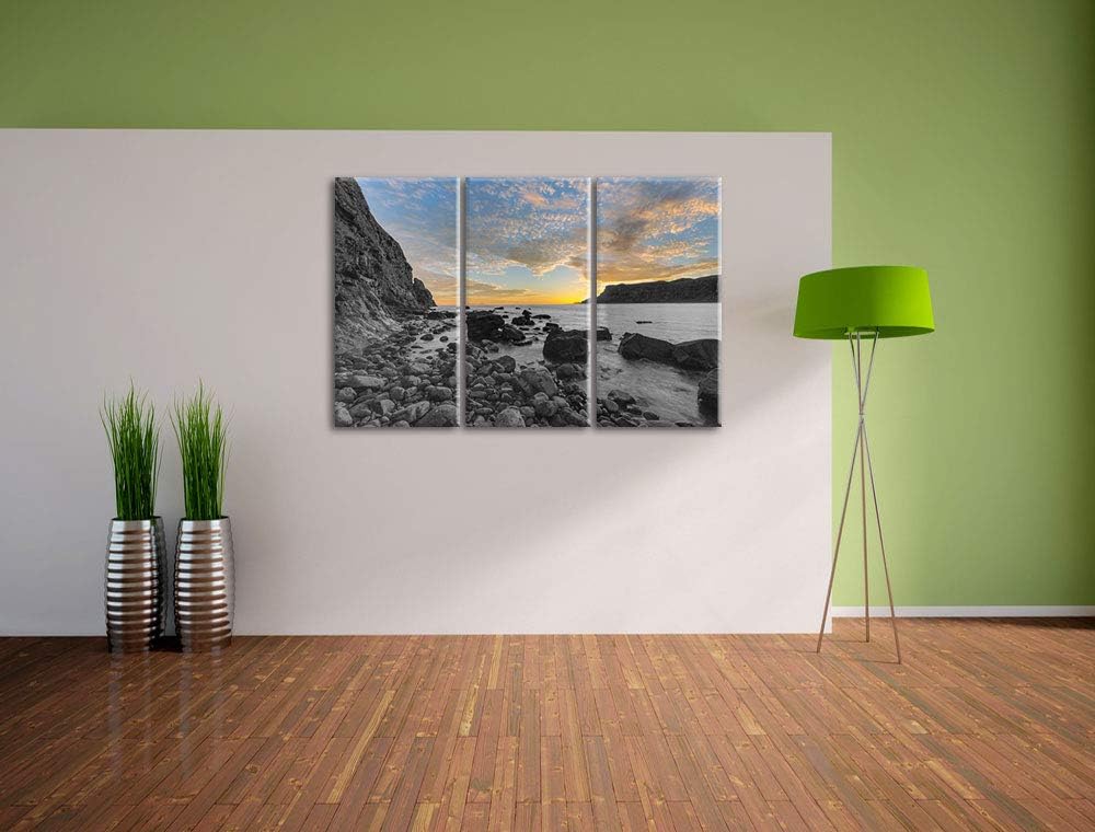 Pixxprint Ruhiger Felsstrand als Leinwandbild | Grösse: 3 Teilig (120x80) | Wandbild| Kunstdruck | f