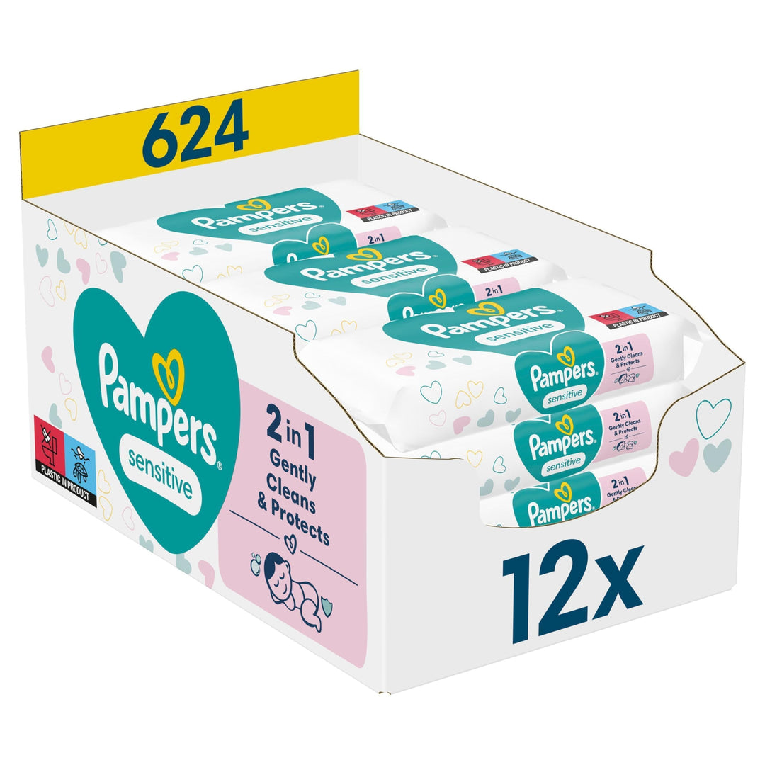 Pampers Sensitive Feuchttücher 12 Packungen mit 52 Stück - 624 Feuchttücher, ohne Duft, für eine san
