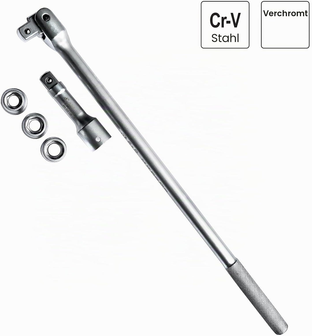 S&amp;R Kraft-Steckgriff Gelenkgriff SET 3/4" 600 mm, Ø 22 mm Steckeinsätze NÜSSE 17mm, 19mm, 21 mm, Ver