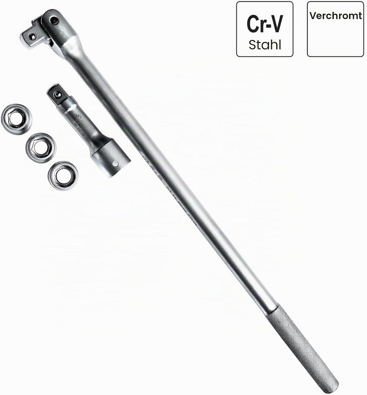 S&amp;R Kraft-Steckgriff Gelenkgriff SET 3/4" 600 mm, Ø 22 mm Steckeinsätze NÜSSE 17mm, 19mm, 21 mm, Ver