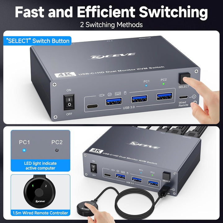 4K KVM Switch 2 Monitore für 1 Laptop 1 Desktop, USB 3.0 KVM Switch 2 PC 2 Monitore USB C, 4K@60Hz,