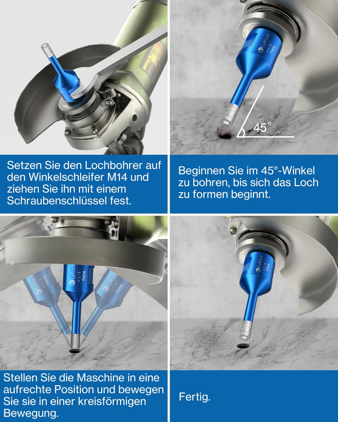 Diamant Fliesenbohrer 6 mm, Lytool 5 tlg Diamantbohrer Glasbohrer für M14 Winkelschleifer zum Bohren