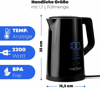 ProfiCook® Wasserkocher mit Temperatureinstellung 1,7 Liter – Temperaturauswahl 50°-100°C, Soll & Is