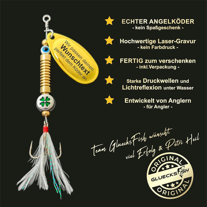 Anglergeschenk mit Gravur - Männer - Frauen - Angelköder - Angelhaken - Spinner - Glücksfisch (Wunsc
