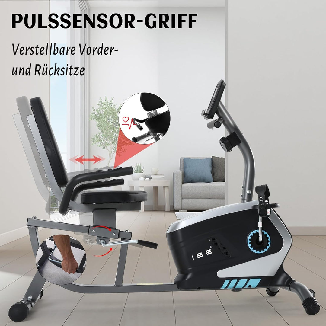 ISE Ergometer Liege- Heimtrainer mit Magnetbremse, Pulssensoren und LCD-Display, 8 Widerstandsstufen