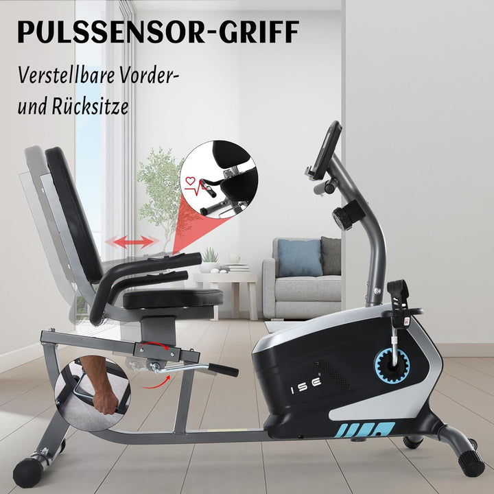 ISE Ergometer Liege- Heimtrainer mit Magnetbremse, Pulssensoren und LCD-Display, 8 Widerstandsstufen