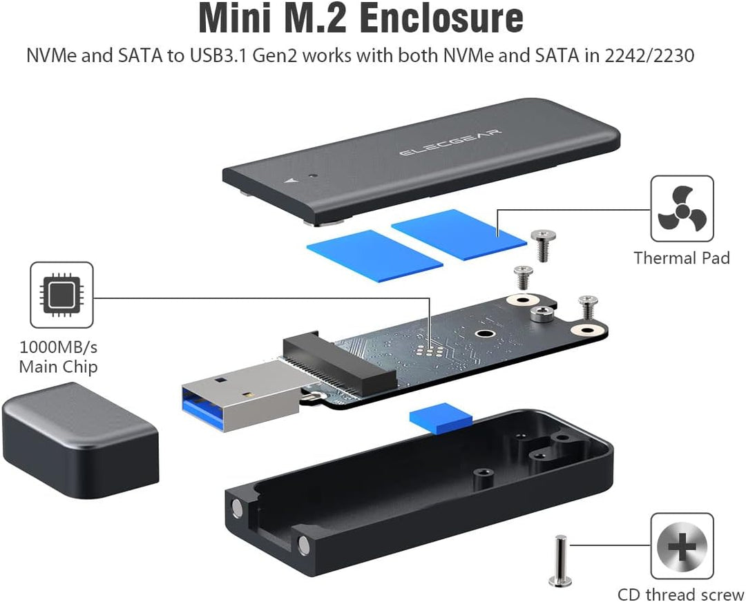 ElecGear USB Mini Gehäuse für 2230/2242 NVMe und SATA M.2 SSD, PCIe and Serial ATA Aluminium Festpla