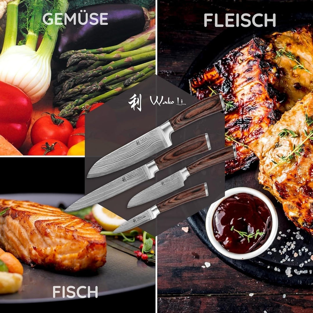 Wakoli EDIB 4er Damastmesser Set mit Gravur – Personalisiertes Küchenmesser Set, Santoku, Fleischmes