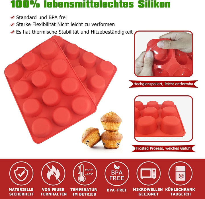 SILIVO Muffinform Silikon für 12 Muffins - 2 Stück Silikon Muffinförmchen, Cupcake Formen, Muffin Ba