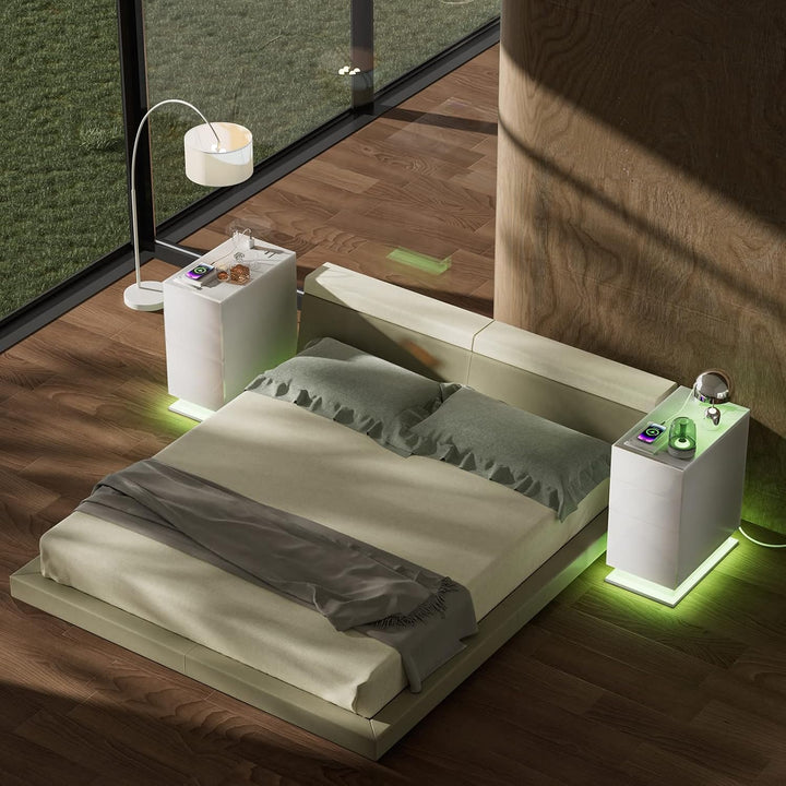 PIPIPOXER Nachttisch Weiss mit Steckdose & USB, Nachttisch LED mit 2 Schubladen, Beistelltisch, eins