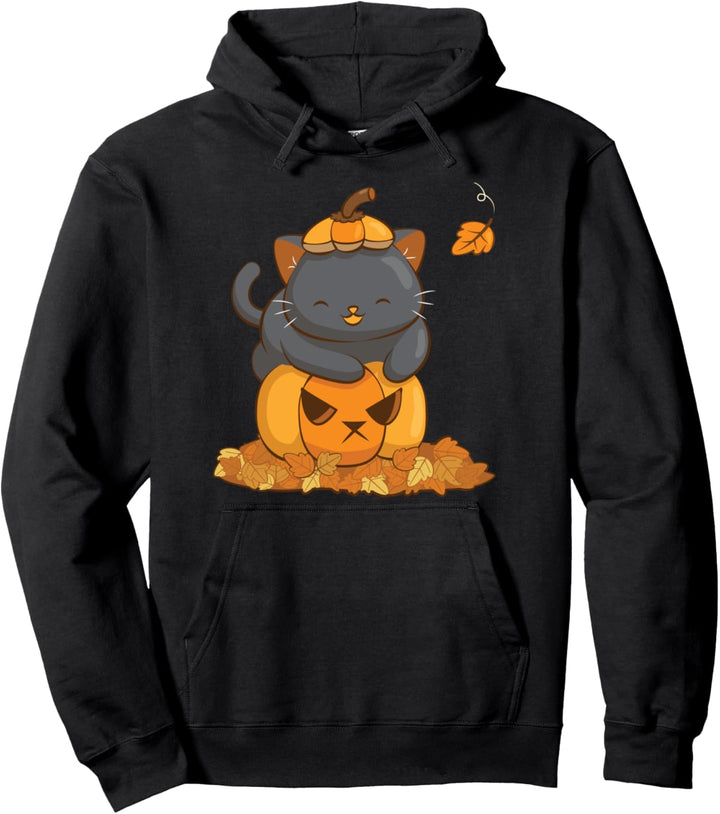 Halloween Schwarze Katze auf Kürbis mit Herbstblättern Kawaii Pullover Hoodie