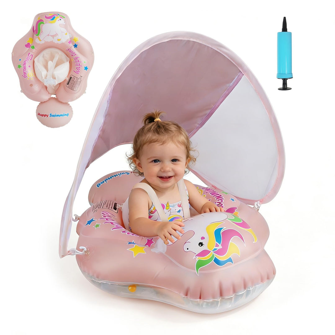 Baby Schwimmring mit Sonnendach Entfernbar, Schwimmring Baby mit Verstellbarer Sicherheitssitz, Kipp