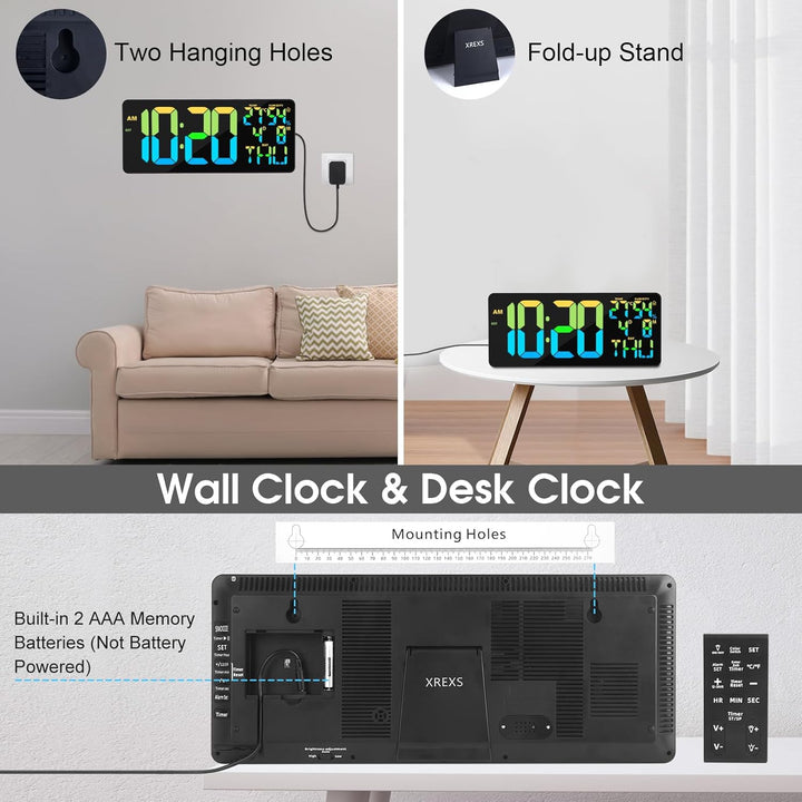 XREXS 18" Wanduhr Digitale Gross [RGB], Digitale Wanduhr mit 10 Farben, Fernsteuerung, Helligkeit/La