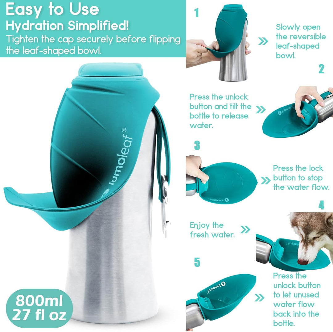 LumoLeaf Hundetrinkflasche für unterwegs, 800ml Edelstahl Trinkflasche Hund, Tragbare Haustier Wasse