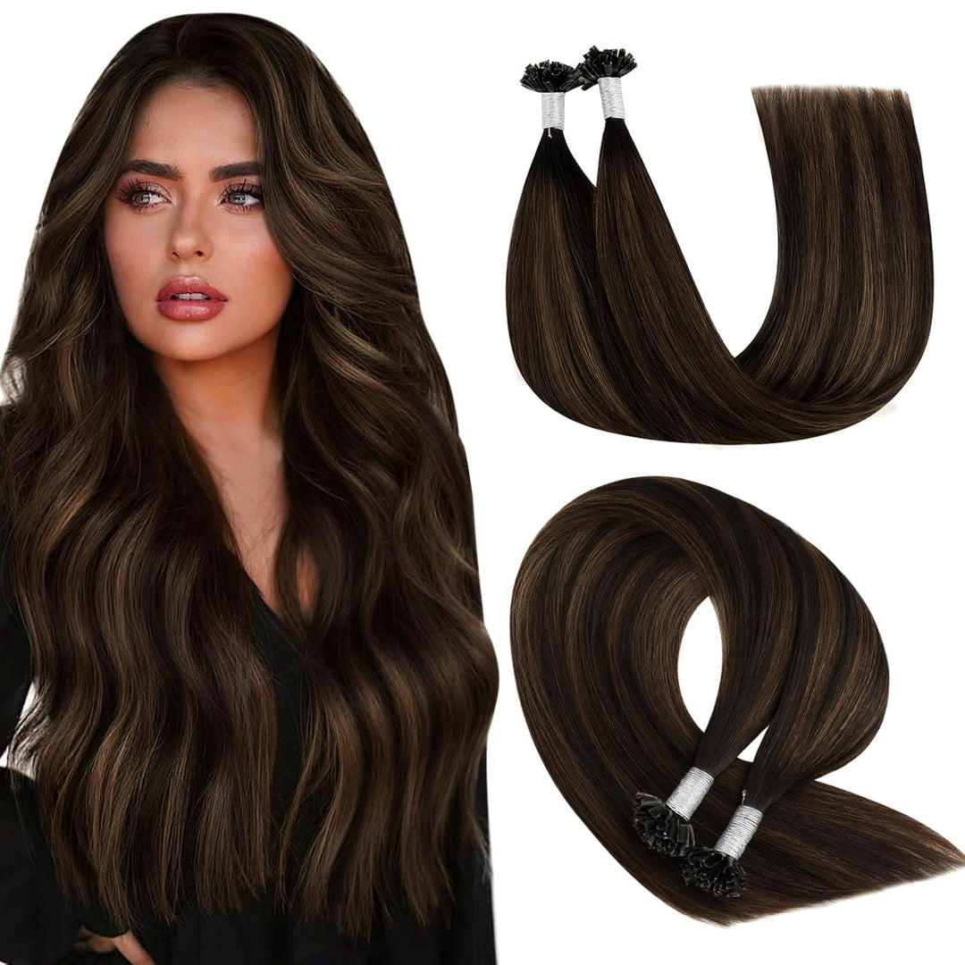YoungSee Bonding Extensions Echthaar Braun Ombre 40cm Keratin Bondings Echthaar Dunkelbraun und Mitt