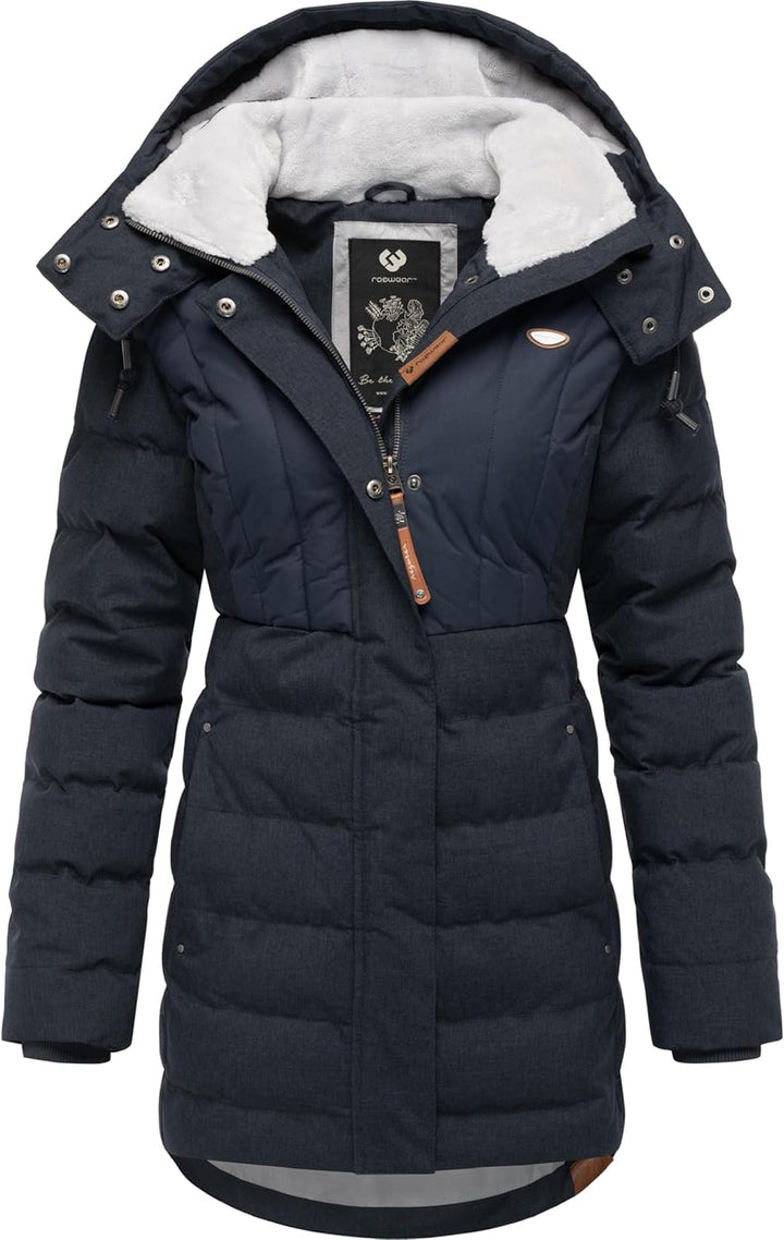 Ragwear Damen Wintermantel Warmer wasserdichter Steppmantel lang mit Kapuze Ashanta Block XS-6XL XL