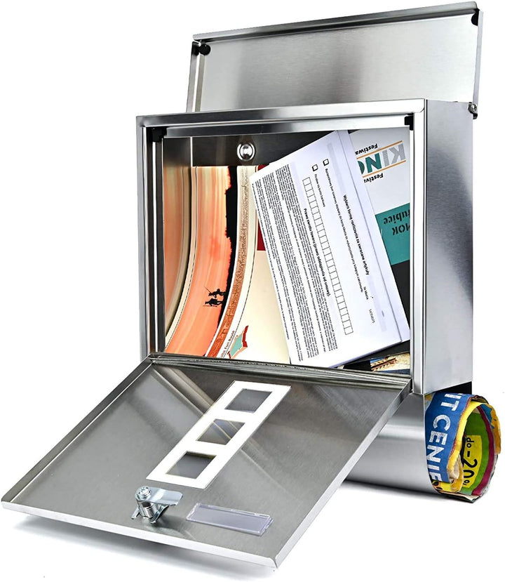 Personalisierter Briefkasten mit Zeitungsfach und 3 Sichtfenster, Edelstahl Postkasten Designer Wand